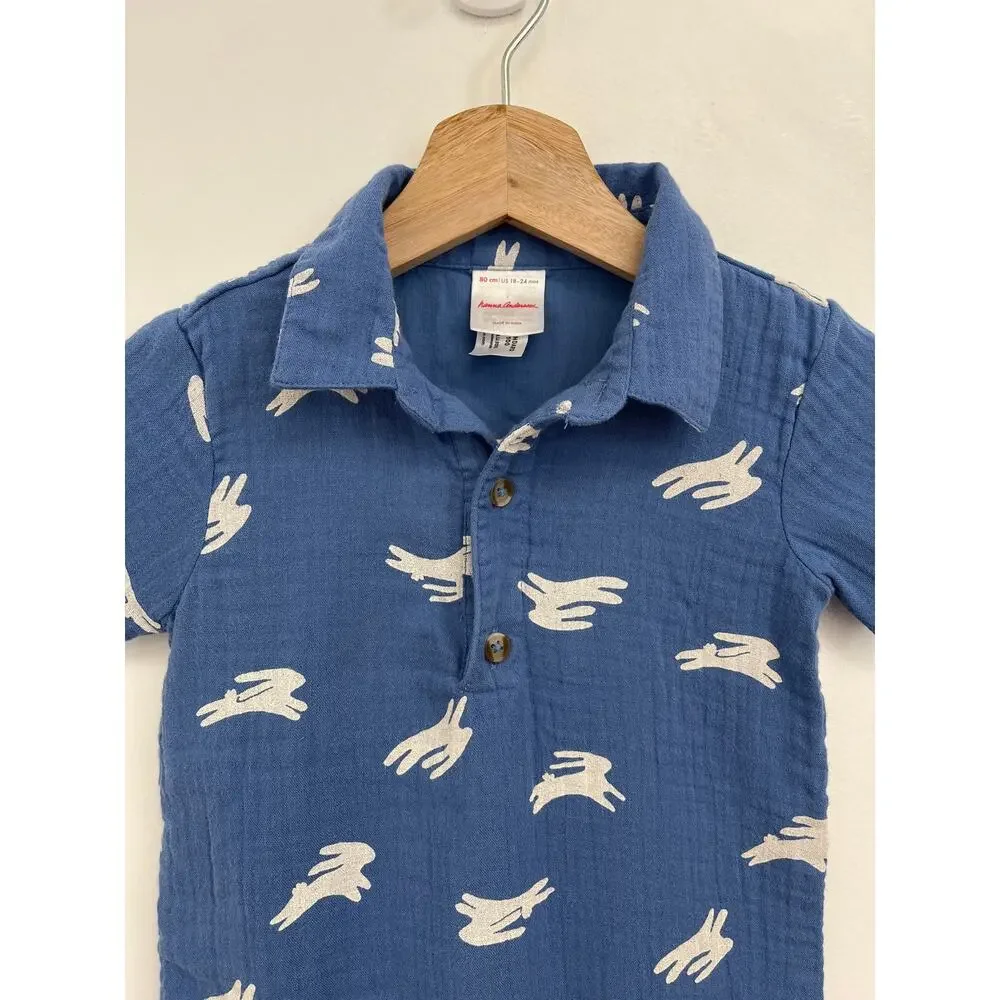 Hanna Andersson Cotton Muslin Bunny Print Romper Polo Short-Sleeve Snap 18-24 mo